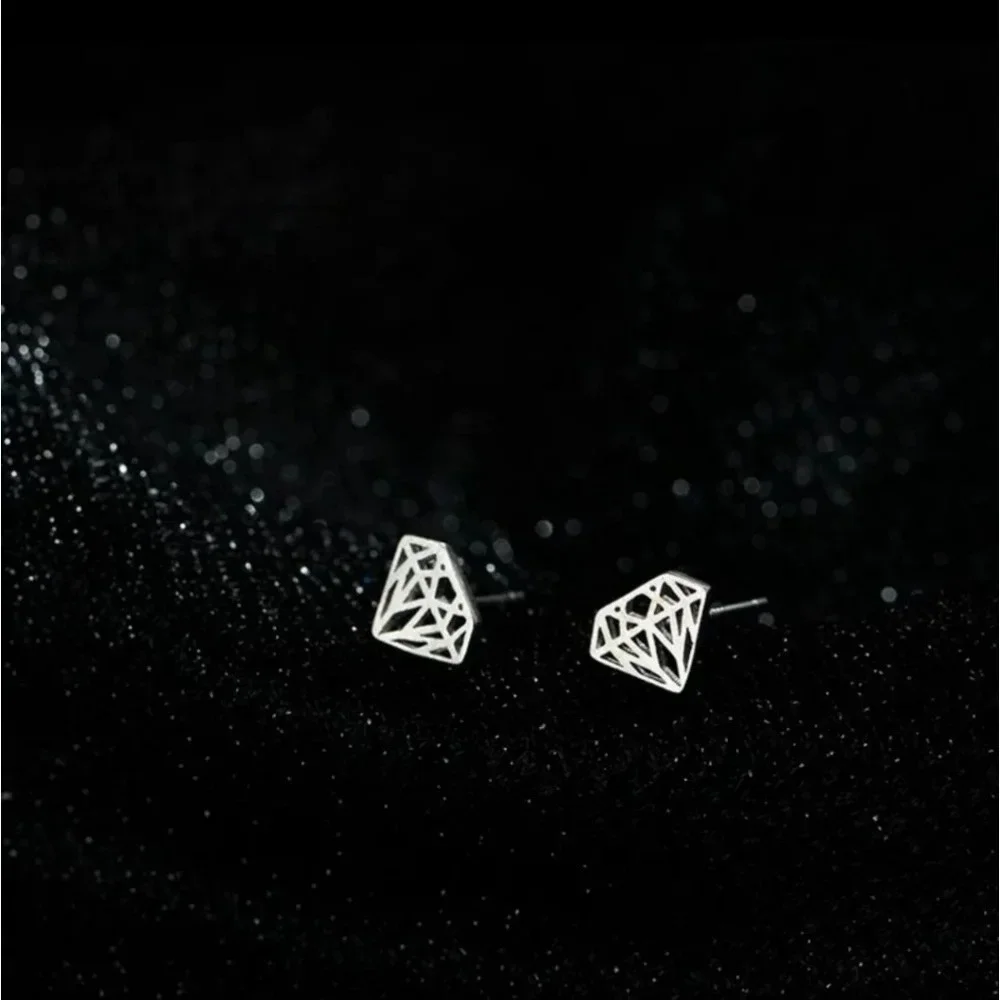 Women Hollow Diamond Earrings 925 Sterling‎ Silver Studs